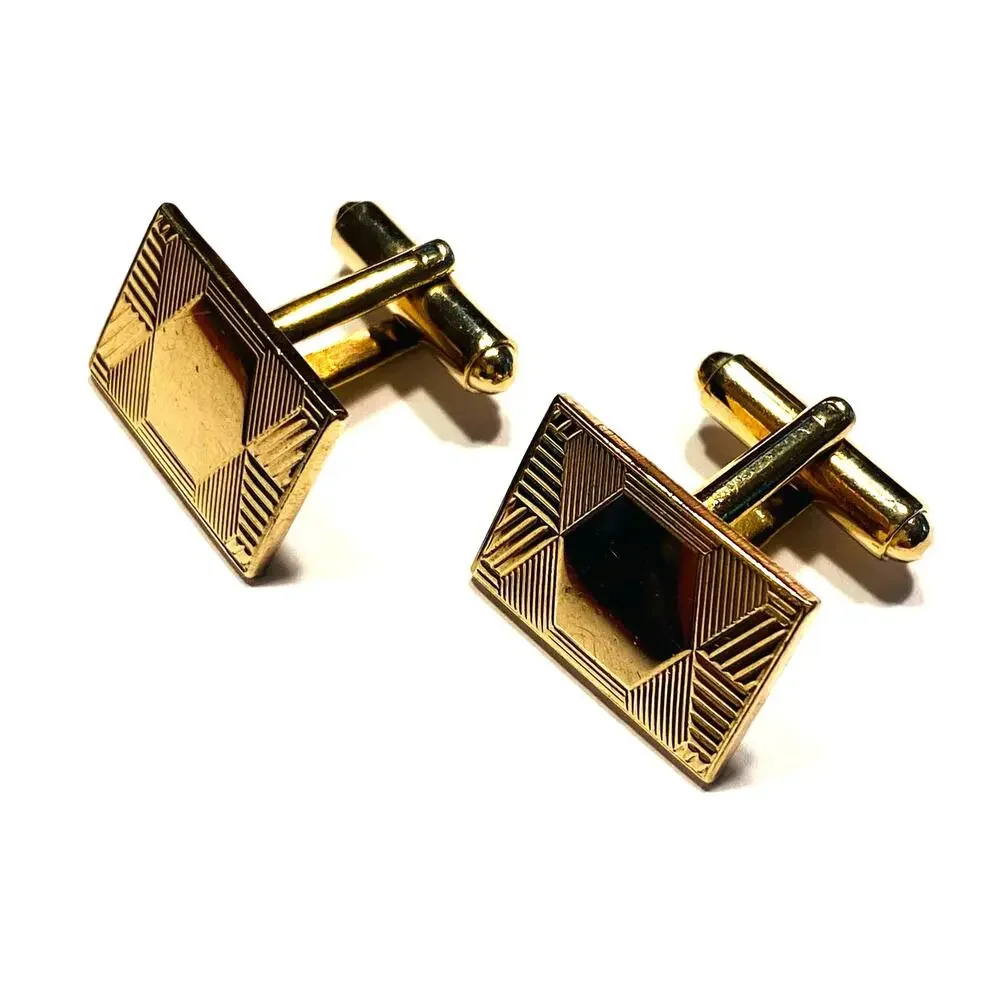 Vintage Cufflinks Textured Geometric Goldtone Rectangles Engravable Mens Jewelry